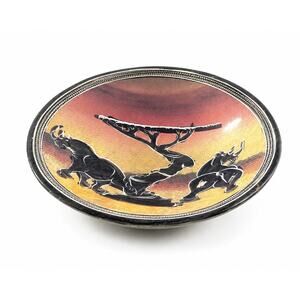 Vintage African Style Pottery Bowl Engraved Rhinoceros Wildlife Dish 6”